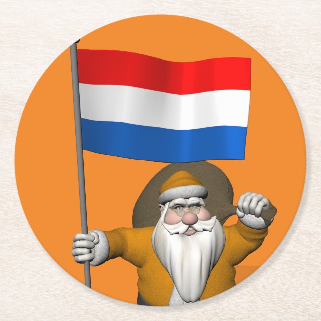 Sinterklaas With Ensign Of The Netherlands Round Paper Coaster (Front)