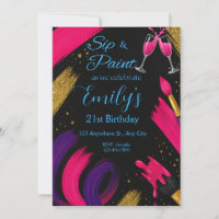 Sip and Paint Black & Pink Birthday Invitation 