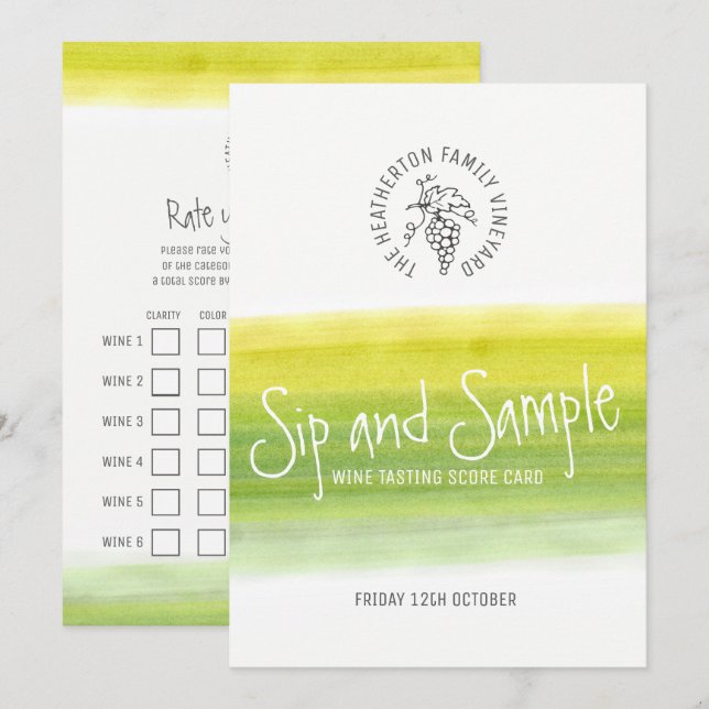 Sip and sample white wine tasting scorecard invitation (Front/Back)
