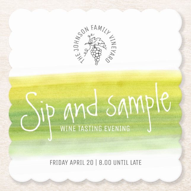 Sip and sample wine tasting paper coasters (Front)