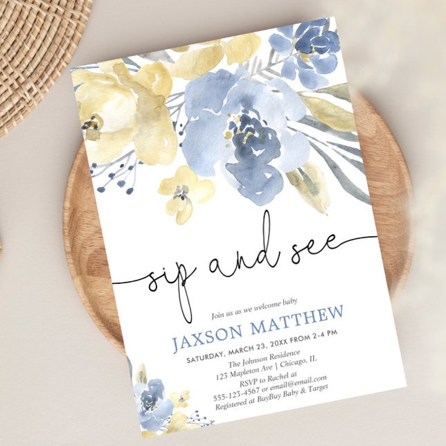 Sip and See baby boy, dusty blue yellow floral Invitation (Creator Uploaded)