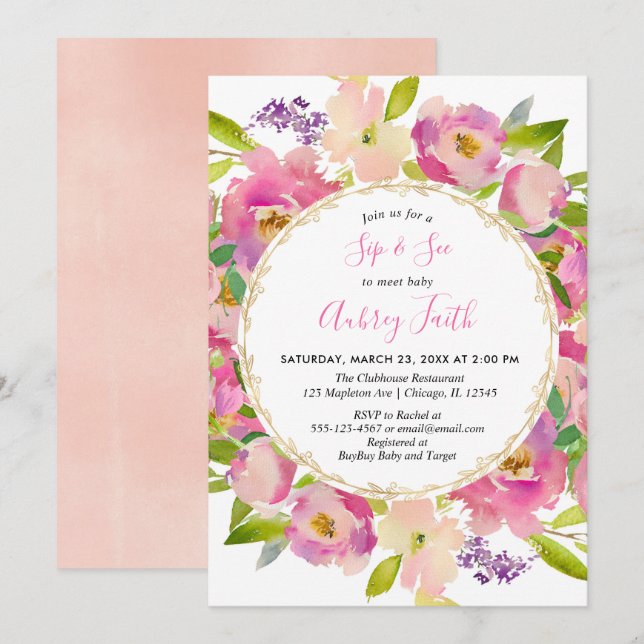 Sip and See baby girl blush pink pastel floral Invitation (Front/Back)