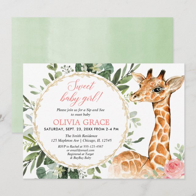 Sip and See Baby girl, giraffe baby shower Invitation (Front/Back)