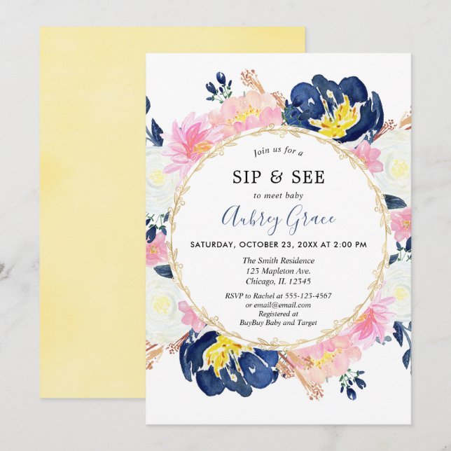 Sip and See Baby girl navy blue blush pink gold Invitation (Front/Back)