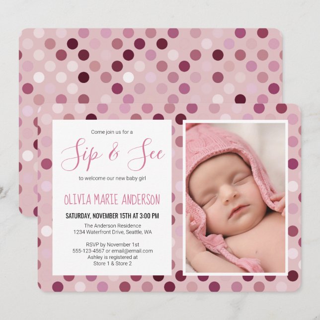 Sip and See Baby Girl Shower Photo Pink Polka Dot Invitation (Front/Back)