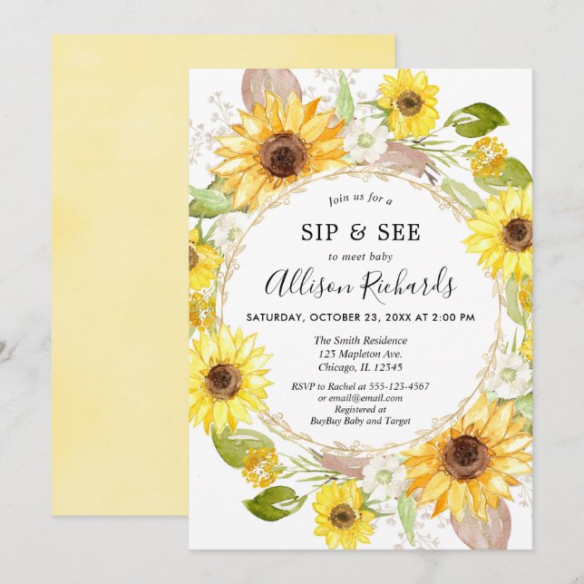 Sip and See Baby girl Sunflower yellow baby shower Invitation (Front/Back)