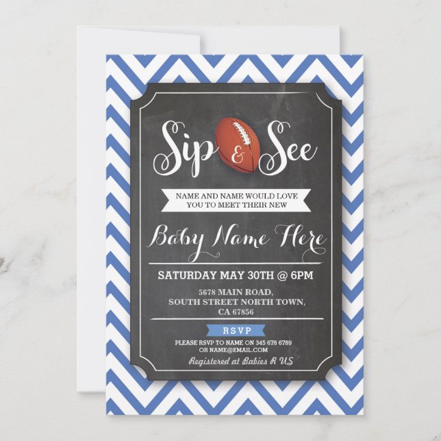 Sip and See Baby Shower Football Rugby Blue Boy Invitation (Front)