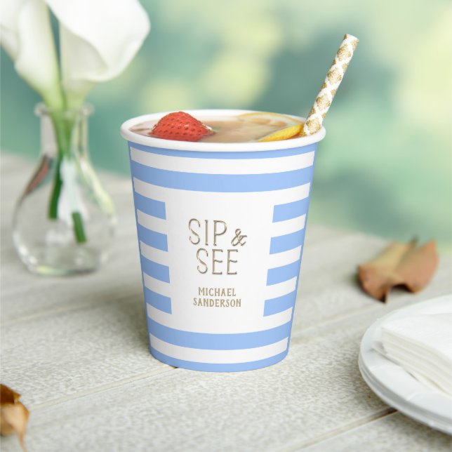 Sip and See Blue  Striped Baby Boy  Party Paper Cups (Insitu)