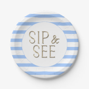 Sip and See  Blue White Striped Baby Shower  Paper Plate