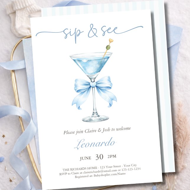 Sip and See Coquette Blue Bow Baby Boy Invitation (Creator Uploaded)