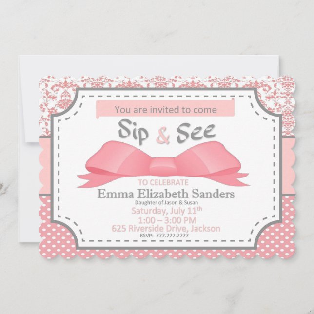 Sip and See for Girl Baby with Bow Pink and Grey (Front)
