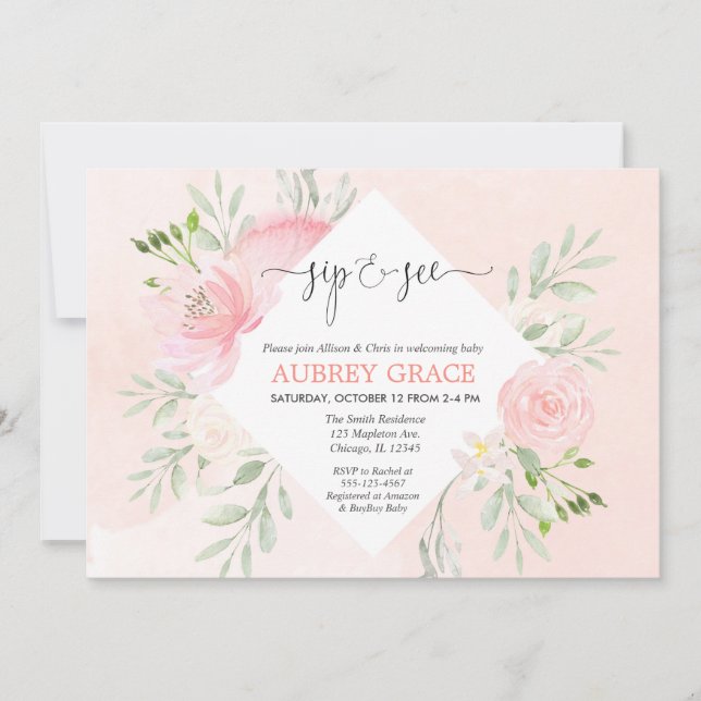Sip and See girl baby shower Floral blush pink Invitation (Front)