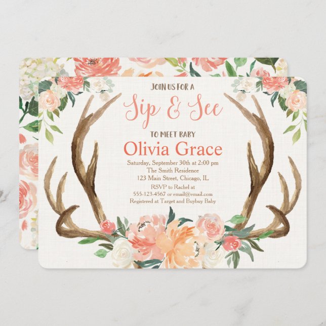 Sip and See girl baby shower invitation meet greet (Front/Back)