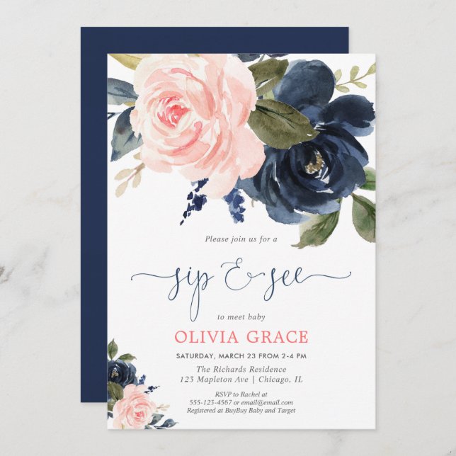 Sip and see girl blush pink navy blue floral invitation (Front/Back)