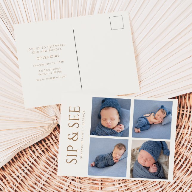 Sip and See Invitation Postcard with Four Photos (Creator Uploaded)