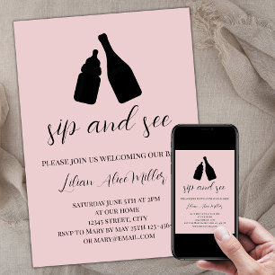 Sip And See Minimalist Blush Pink Baby Shower Invitation
