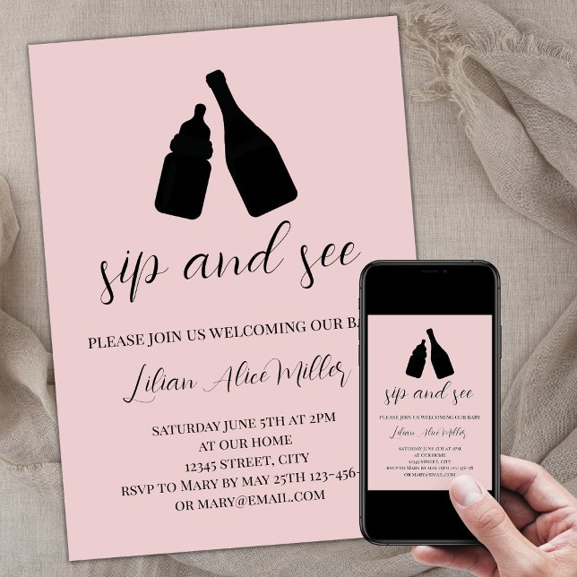 Sip And See Minimalist Blush Pink Baby Shower Invitation (Sip and see invitation baby girl, baby pink, baby bottle champagne, minimalist modern elegant)