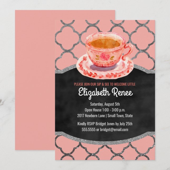 Sip and See New Baby Girl Welcome Teacup Invites (Front/Back)