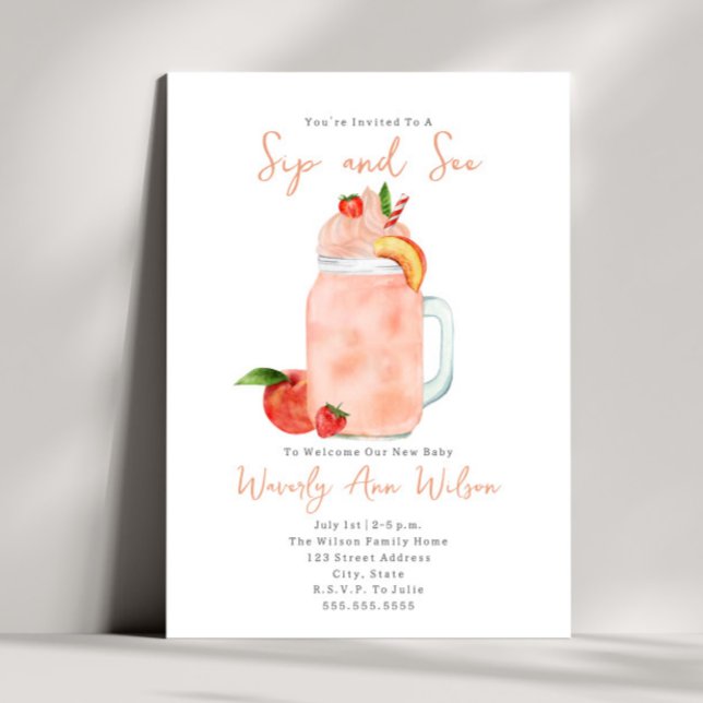 Sip and See Peach Smoothie New Baby Invitation (Creator Uploaded)