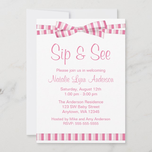 Sip and See Pink Stripe Ribbon Bow Invitation (Front)