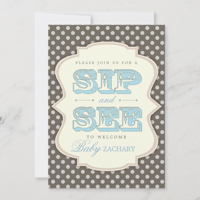 Sip and See Sweet Baby Boy Blue Brown Invitation (Front)