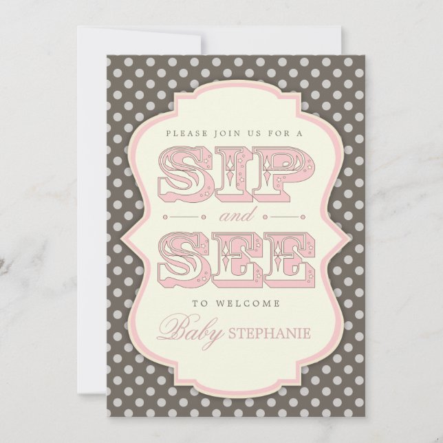 Sip and See Sweet Baby Girl Pink Brown Invitation (Front)
