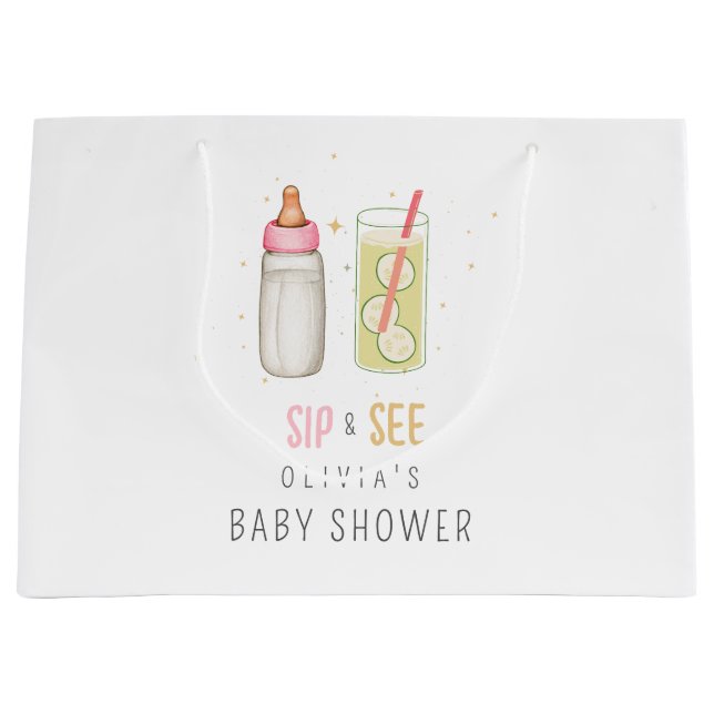 Sip And See, Welcome Baby Girl, New Baby Party Large Gift Bag (Front)