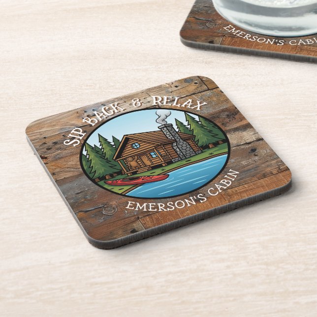 Sip Back and Relax Log Cabin Personalized Coaster (Left Side)
