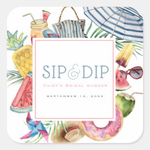 Sip & Dip Pool Party Umbrella Pink Bridal Shower Square Sticker