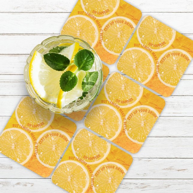 "Sip Happens" Fun Lemon Slice Cocktail Set of 6 Square Paper Coaster (Creator Uploaded)