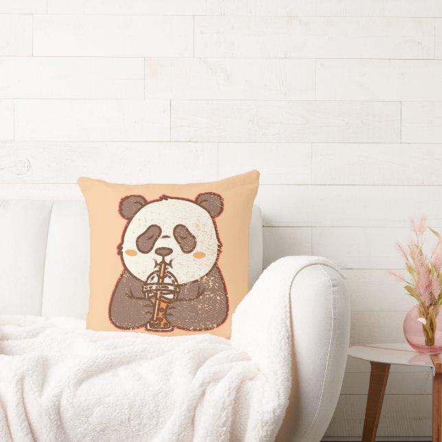 Sip Happens – Funny Panda Boba Retro Style Cushion (Couch)