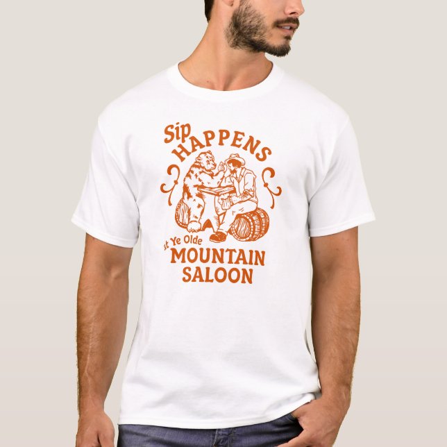 "Sip Happens" Funny Whiskey Drinking Bear Bar Gift T-Shirt (Front)