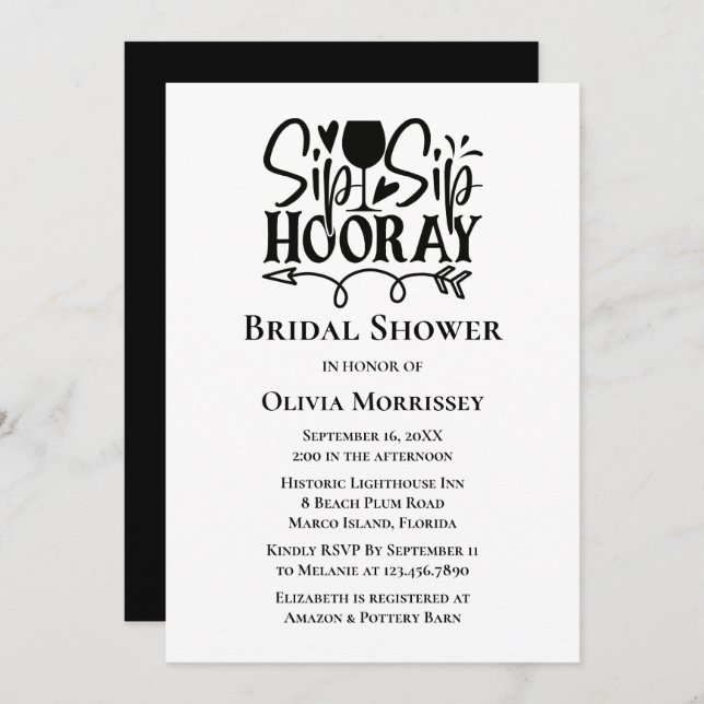 Sip Hooray Black White Typography Bridal Shower Invitation (Front/Back)