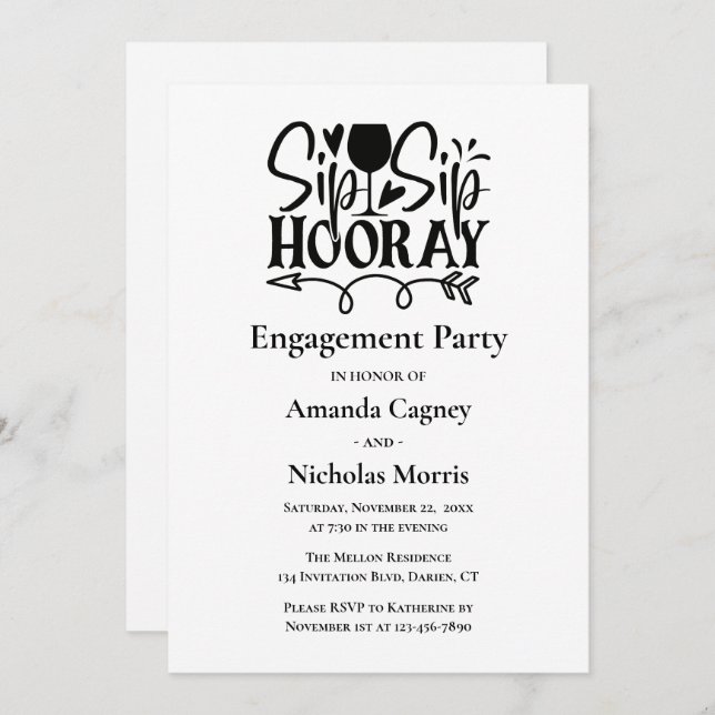 Sip Hooray Black White Typography Engagement Party Invitation (Front/Back)