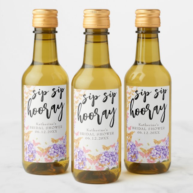 Sip Hooray Boho Butterfly Hydrangea Bridal Shower Wine Label (Bottles)