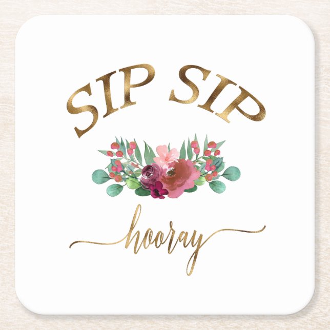 sip hooray flowers! square paper coaster (Front)
