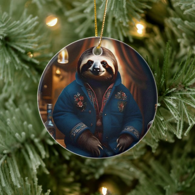 "Sip 'n' Slow: The Cozy Sloth in a Drinking Jacket Ceramic Tree Decoration (Tree)