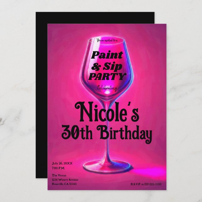 Sip & Paint Pink Wine Glass Adult Birthday Party Invitation (Front/Back)