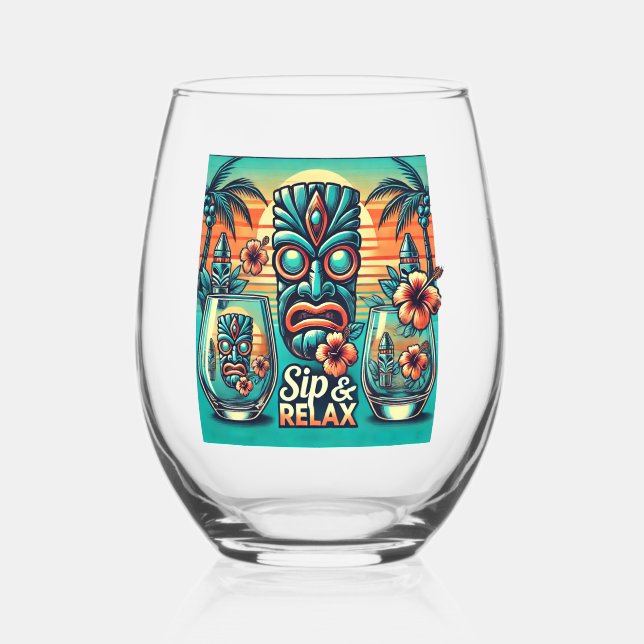 Sip & Relax Tiki Glassware Stemless Wine Glass (Front)