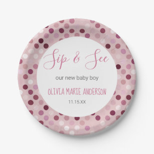 Sip & See Baby Girl Shower Pink Polka Dots Paper Plate
