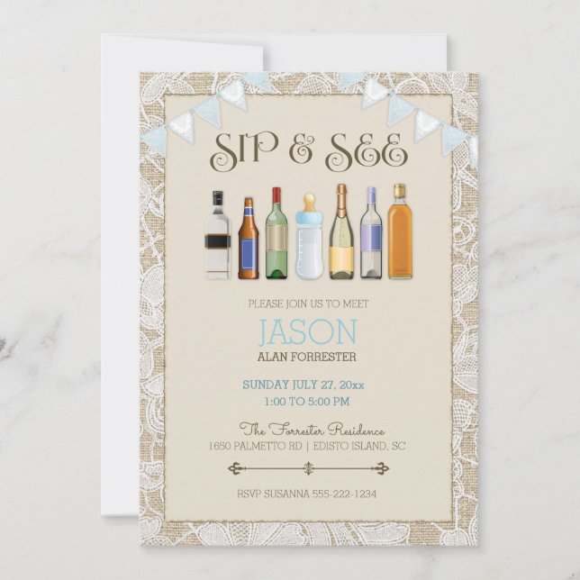 Sip & See Burlap Lace Bottles Blue Boy Bunting Invitation (Front)