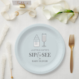 Sip & See Champagne Bottle Blue Baby Shower Paper Plate