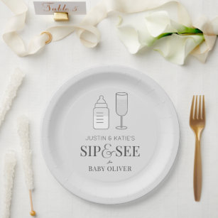 Sip & See Champagne Bottle Grey Baby Shower Paper Plate