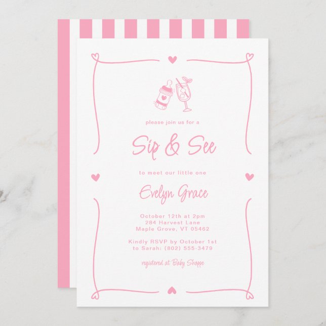 Sip & See Champagne Bottle Whimsical Pink Girl Invitation (Front/Back)