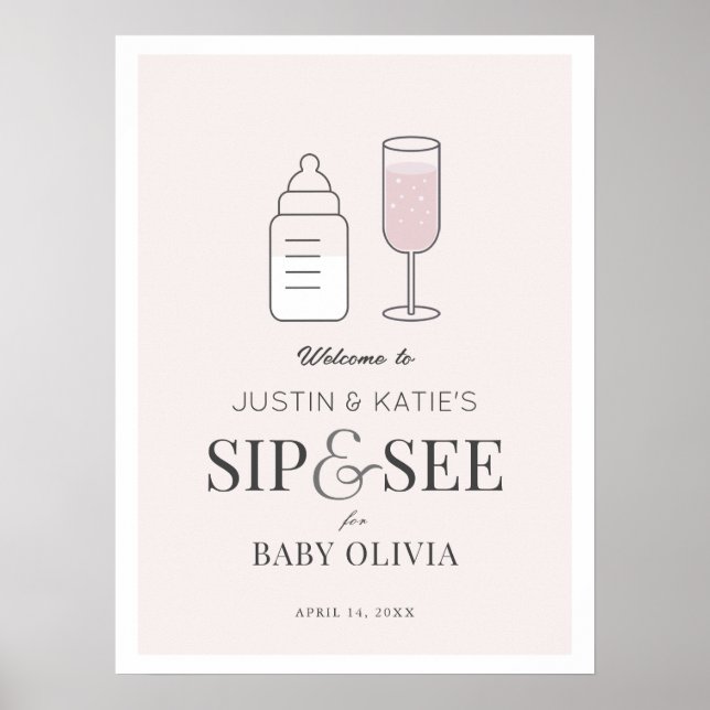 Sip & See Champagne Pink Baby Shower Welcome Poster (Front)