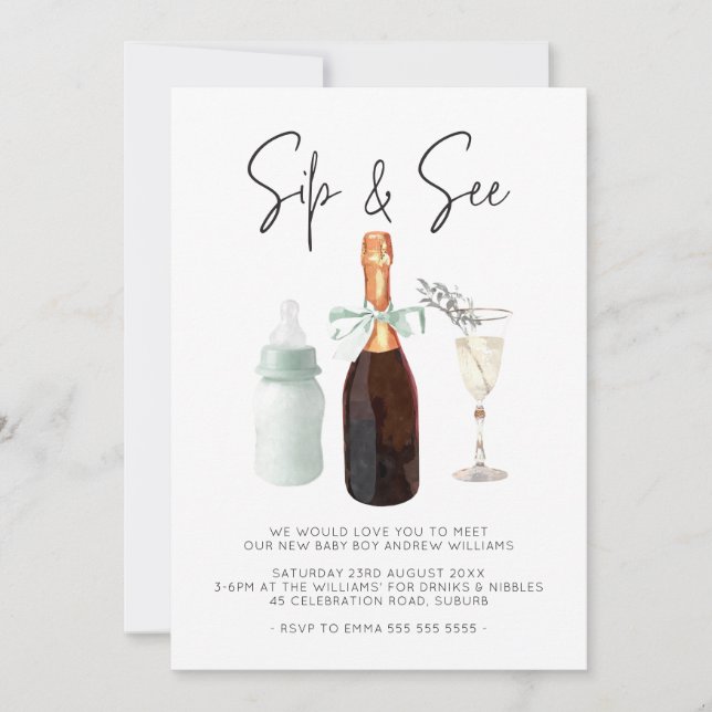 Sip & See Elegant Watercolor Green Baby Boy Invitation (Front)