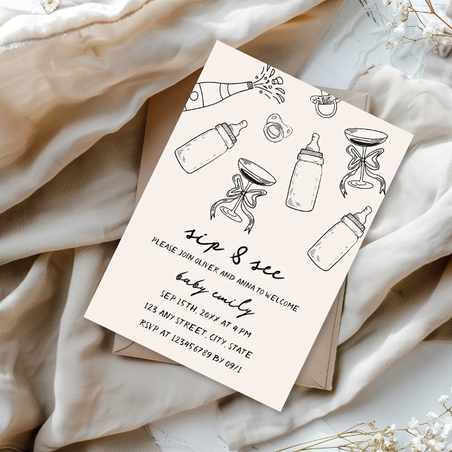 Sip & See Hand Illustrated B&W Baby Boy Girl Invitation (sip & see new baby hand illustrated black & white quirky funky retro)
