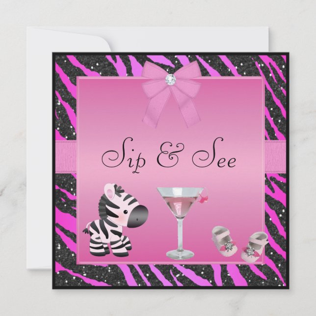 Sip & See Pink Zebra Baby Shower Invitation (Front)