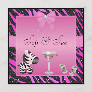 Sip & See Pink Zebra Baby Shower Invitation