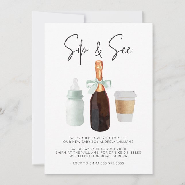 Sip & See Watercolor Green Coffee Campagne Invitation (Front)